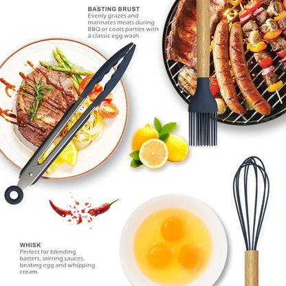 12 Pcs Silicone Cooking Utensils Kitchen Utensil Set | Heat Resistant Kitchen Non Toxic Spatula Set With Turner Tongs,spoon,brush,whisk-wooden Handle – Random Color