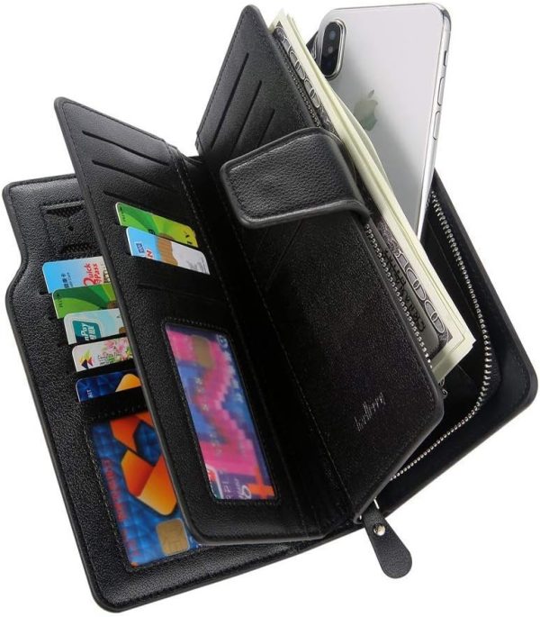 Baellerry Men’s Leather 2nd Bag, Large Capacity, Coin Purse, Zip Around Wallet, 23 Card Slots, Luxury, Handle, Long Wallet, Gift Compatible – Black