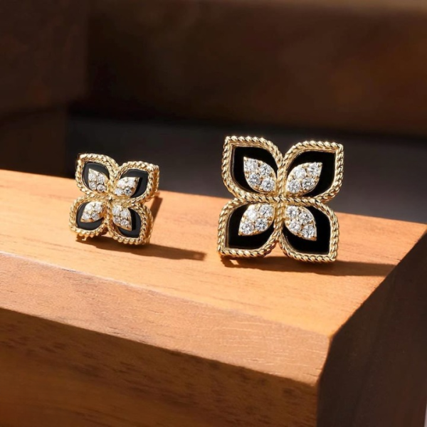 Black And Gold Floral Earrings – Sparkling Four-leaf Studs With Cubic Zirconia (pjt-991)