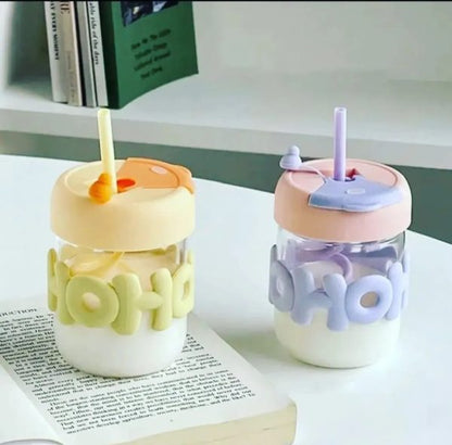 Cute Glass Straw Cup For Girls – 350ml Portable Insulated Water Cup With Straw, Lid & Chain Handle | Summer Travel Drinkware