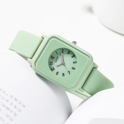 Silky Soft Strap Silicon Watch In Aesthetic Colors / Square Case Round Dial Watch Without Box (random Color)